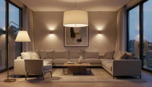 Salon lumineux avec éclairage en couches : suspension centrale, appliques murales et lampadaire d'appoint