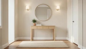 Entrée lumineuse avec console en bois clair, miroir rond et tapis texturé