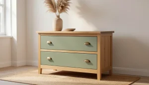 Meuble upcyclé en bois clair avec tiroirs peints dans un salon lumineux