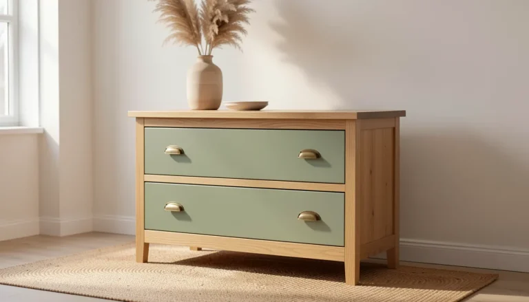 Meuble upcyclé en bois clair avec tiroirs peints dans un salon lumineux