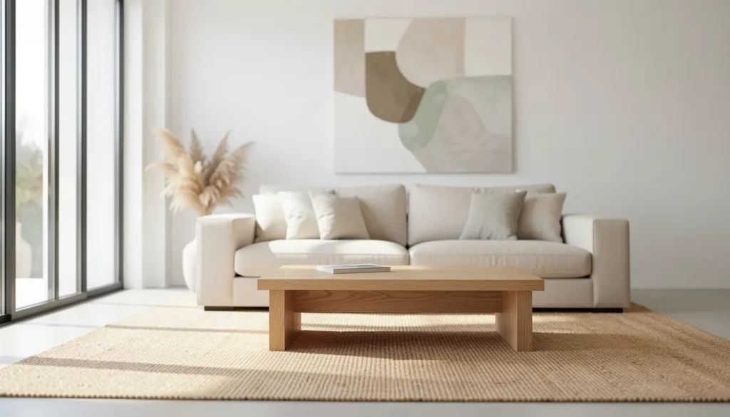 Salon minimaliste lumineux avec canapé lin beige, table basse chêne clair et grand tapis texturé
