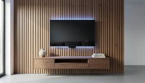 Salon contemporain avec mur TV habillé de lambris bois vertical, téléviseur suspendu, meuble bas flottant et bandeau LED arrière
