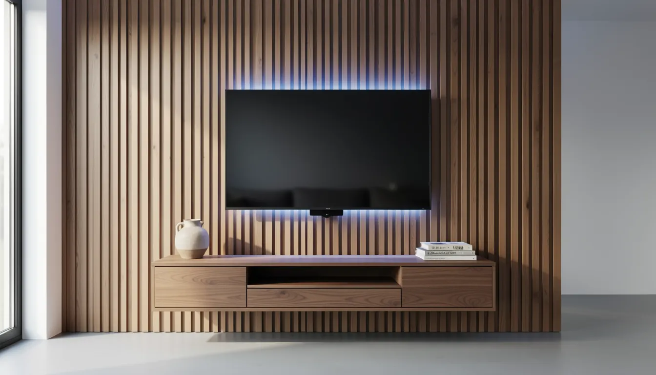 Salon contemporain avec mur TV habillé de lambris bois vertical, téléviseur suspendu, meuble bas flottant et bandeau LED arrière