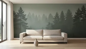 Salon spacieux avec papier peint panoramique forêt brumeuse sur le mur principal