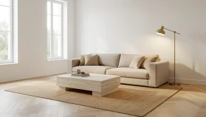 Salon moderne épuré avec canapé bas en lin beige, table basse en travertin et éclairage d'ambiance chaud
