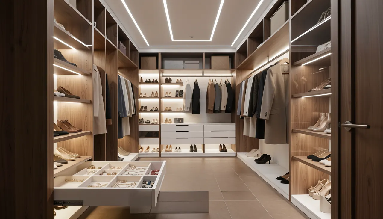 Dressing ouvert avec éclairage zonné : général au plafond, barres penderie, tiroirs éclairés