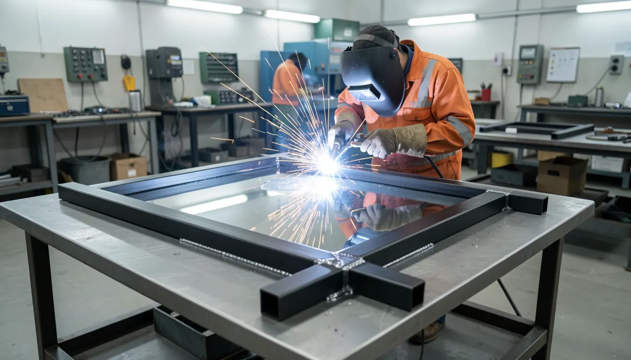 Atelier de fabrication miroir verrière : soudeur TIG sur cadre acier brut avant thermolaquage
