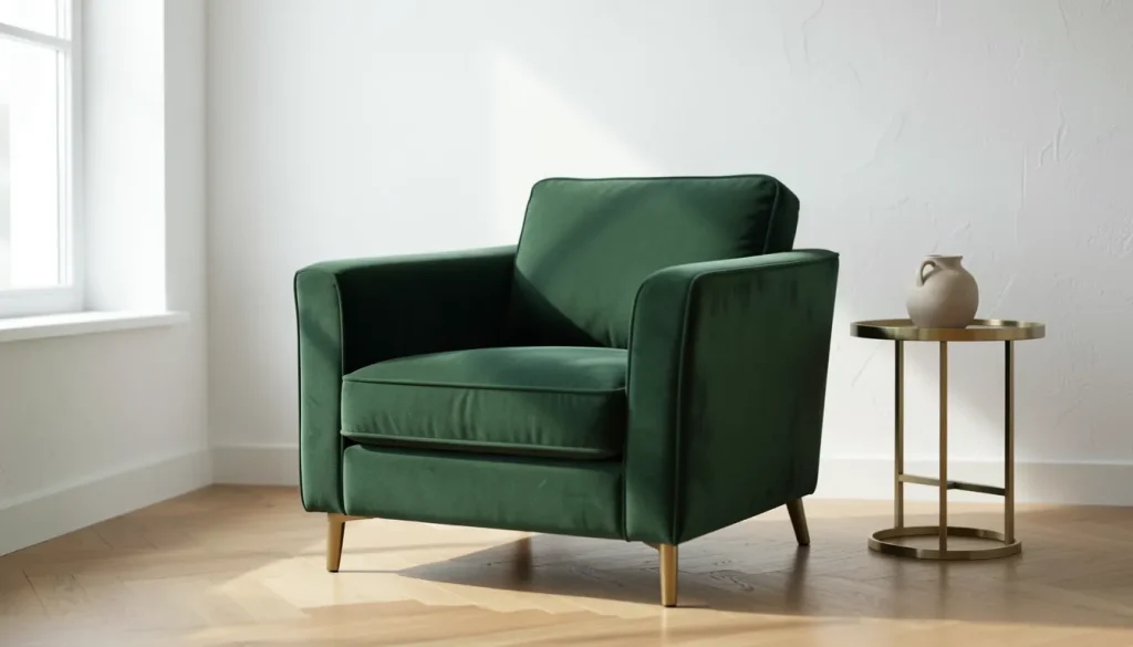 Fauteuil design en velours vert forêt dans un salon lumineux aux murs blancs