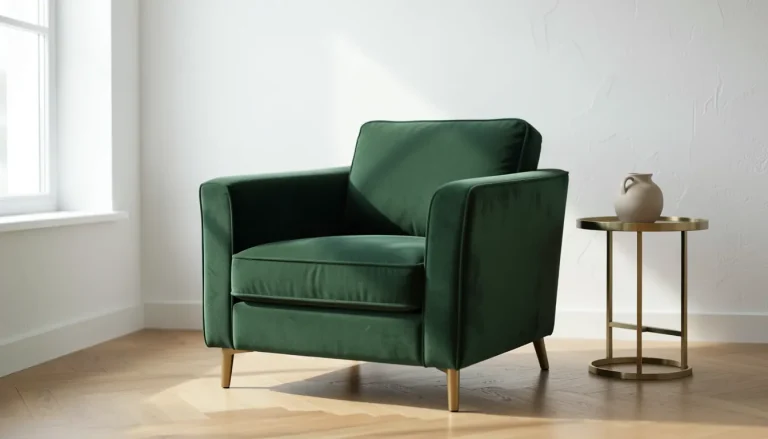 Fauteuil design en velours vert forêt dans un salon lumineux aux murs blancs
