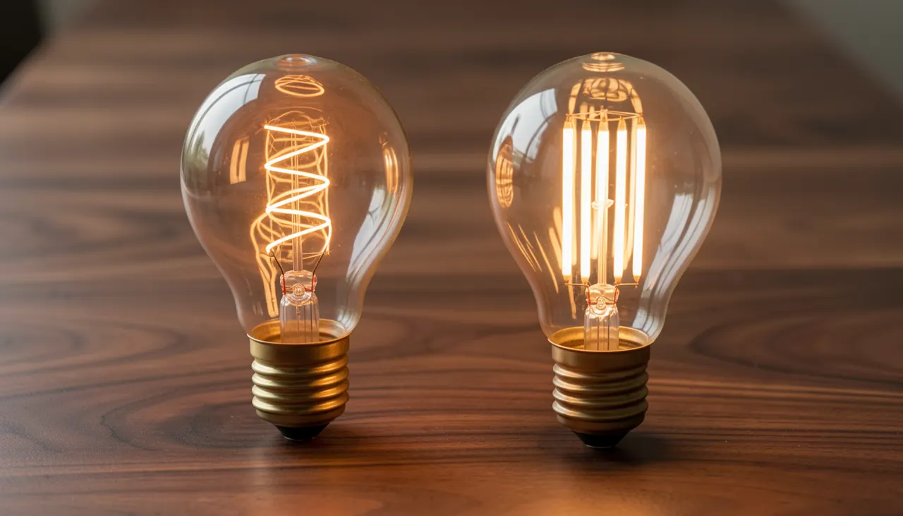 Comparaison visuelle ampoule incandescence filament carbone et ampoule LED filament côte à côte allumées