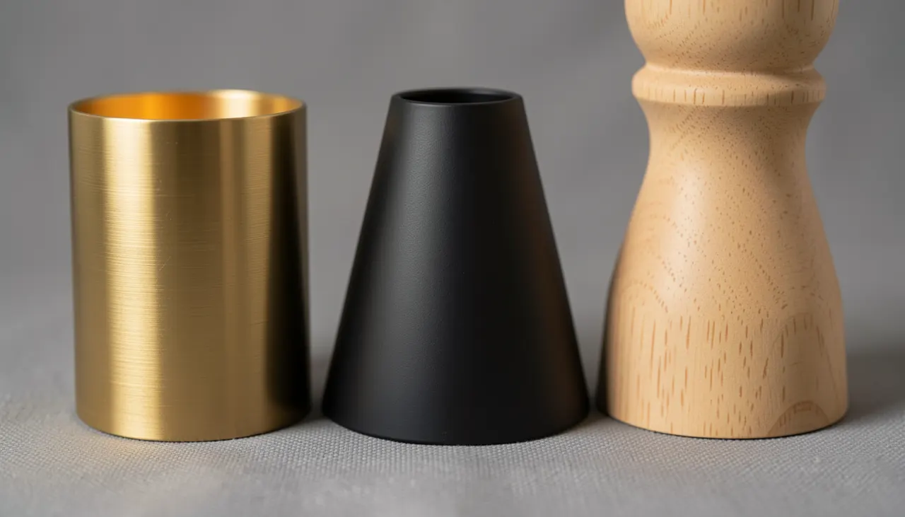 Détail matières laiton brossé, noir mat, bois clair sur luminaires lecture