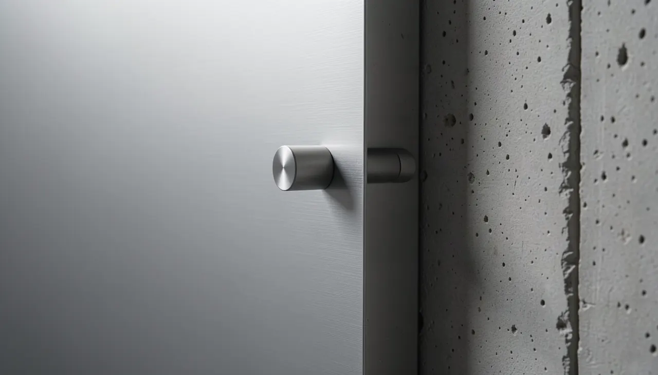 Détail d'une fixation entretoise inox sur panneau aluminium brossé, mur béton brut