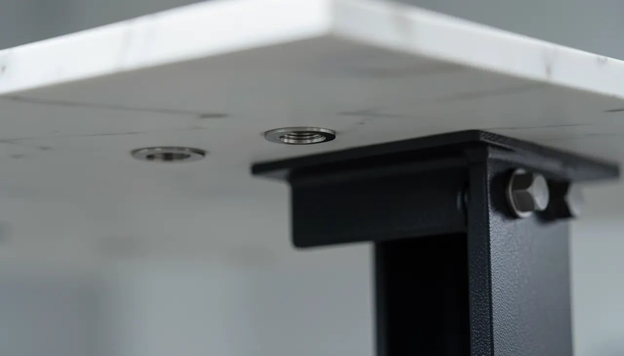 Détail fixation piètement métal noir insert fileté résine époxy sous plateau marbre blanc