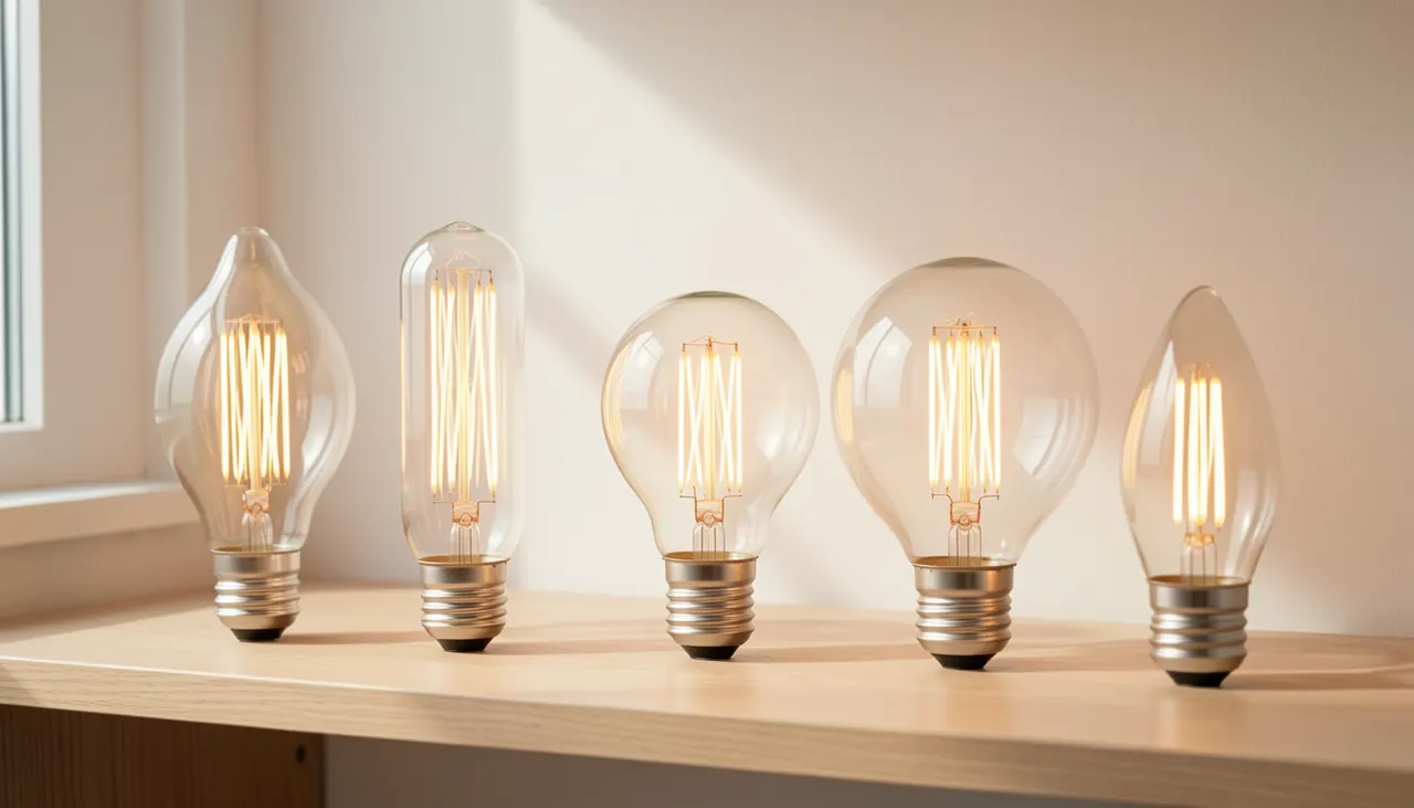 Cinq formats d'ampoules filament alignées E27 : A60 ST64 G95 G125 B35 sur étagère bois clair