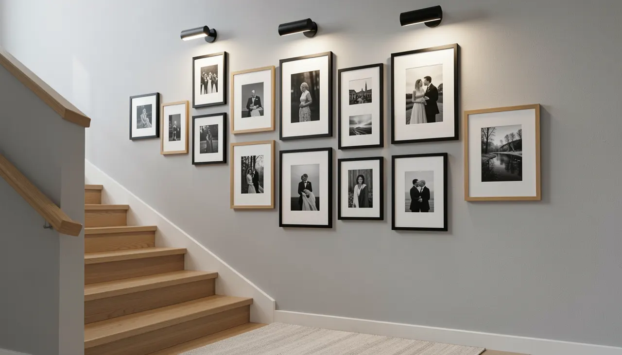 Mur d'escalier avec galerie de cadres alignés sur la diagonale, espacement régulier 6 cm
