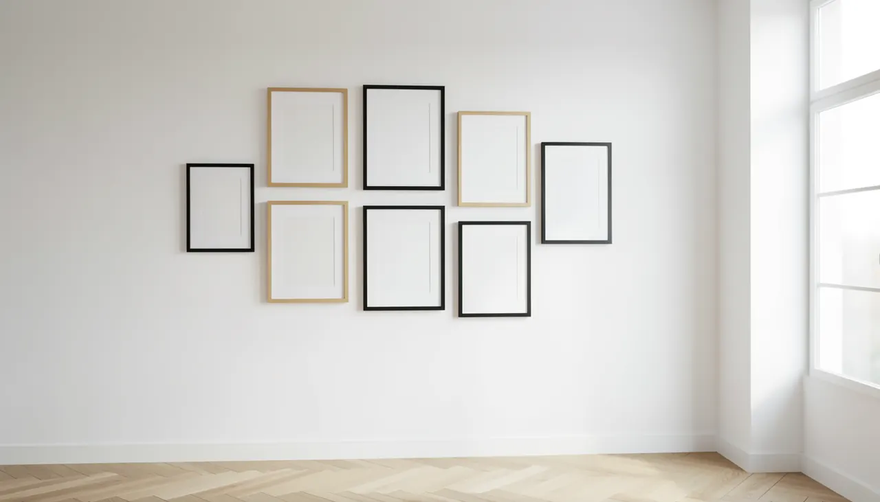Mur de salon avec galerie asymétrique de 9 cadres formats variés noir et chêne clair, espacement régulier 6 cm, alignement base haute imaginaire, sol parquet chêne