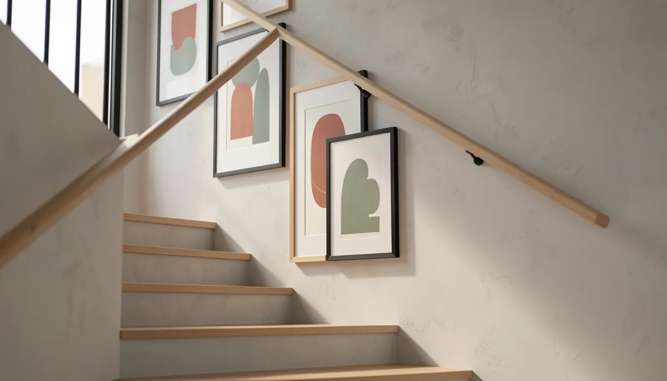 Mur d'escalier décoré d'une galerie de cadres noirs et bois clair suivant la pente, éclairage par spots orientables