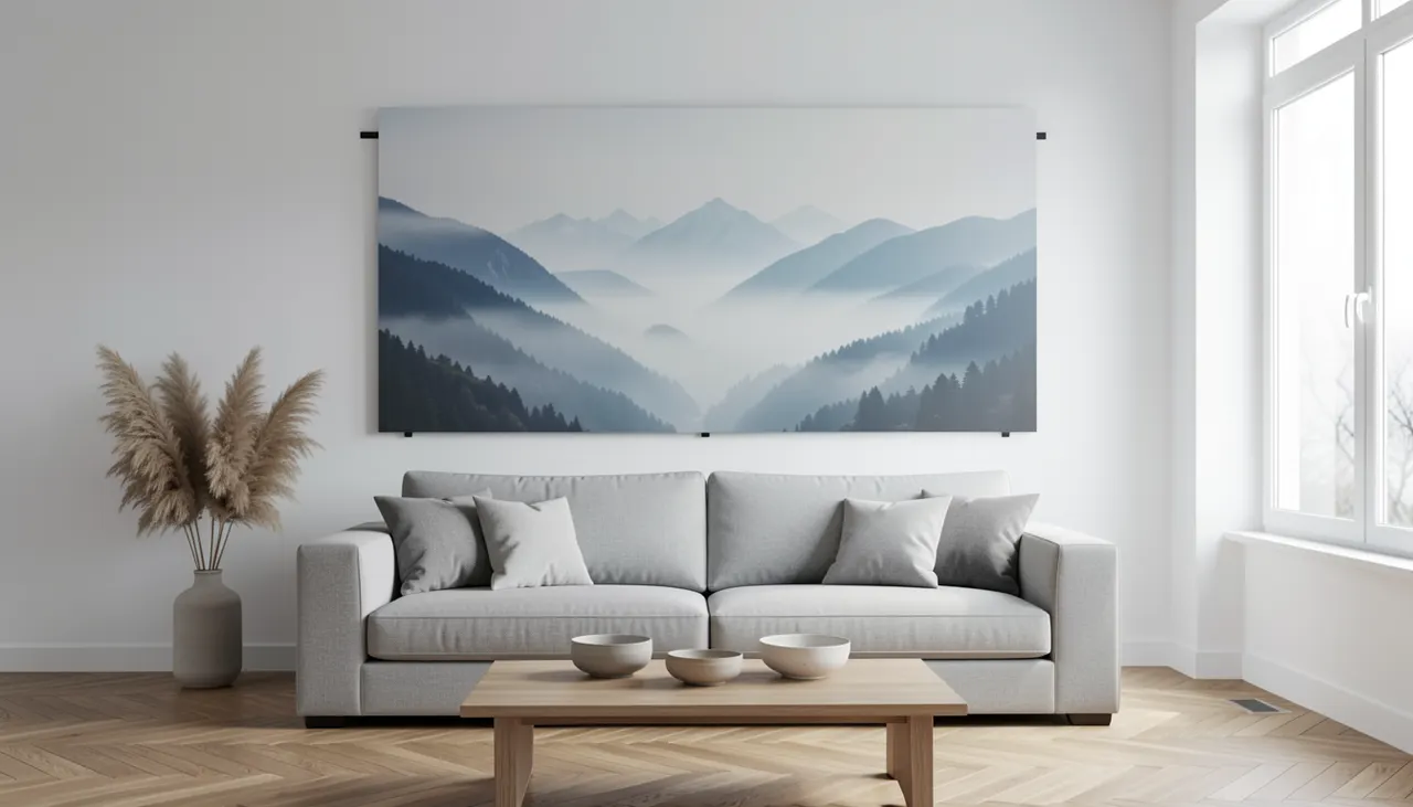 Intérieur salon avec grand panorama aluminium au-dessus du canapé, format 180x120 cm