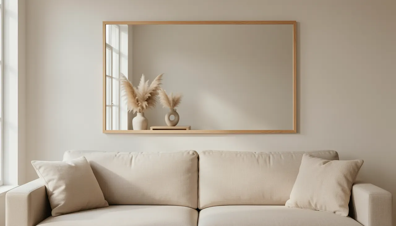 Miroir horizontal au-dessus canapé beige salon hauteur 1m60 centre