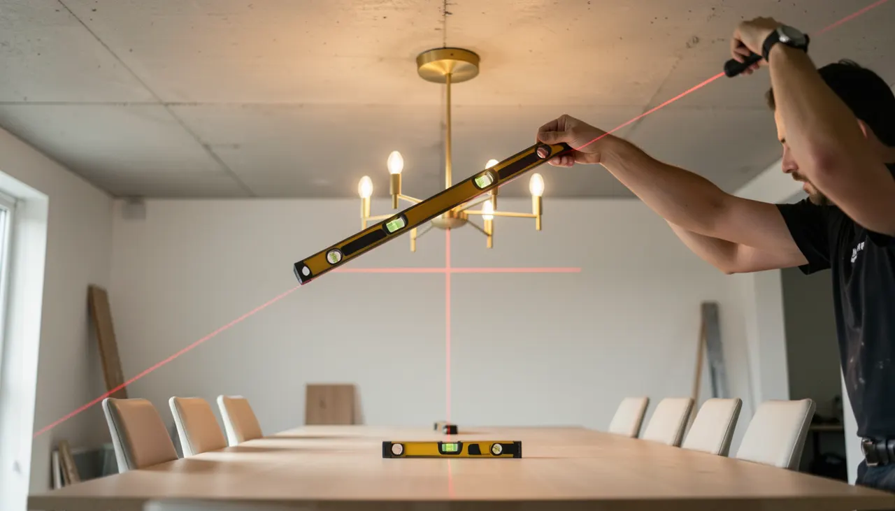 Installation d'un lustre moderne avec niveau laser et crochet d'ancrage