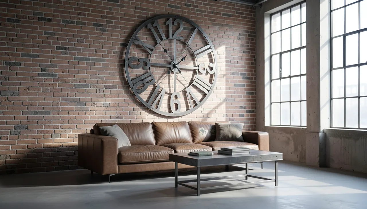 Salon style industriel avec grande horloge murale métal brut