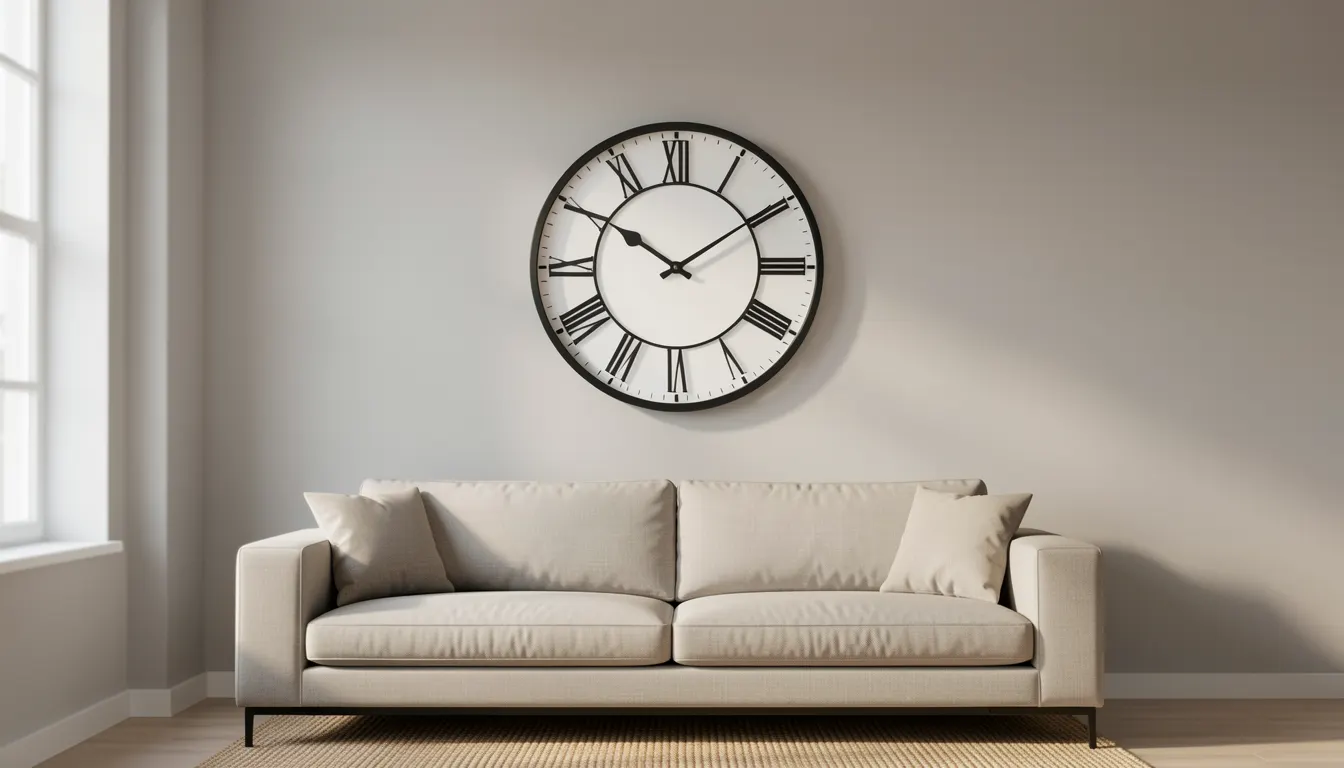 Grande horloge murale noire au cadran blanc sur mur clair de salon