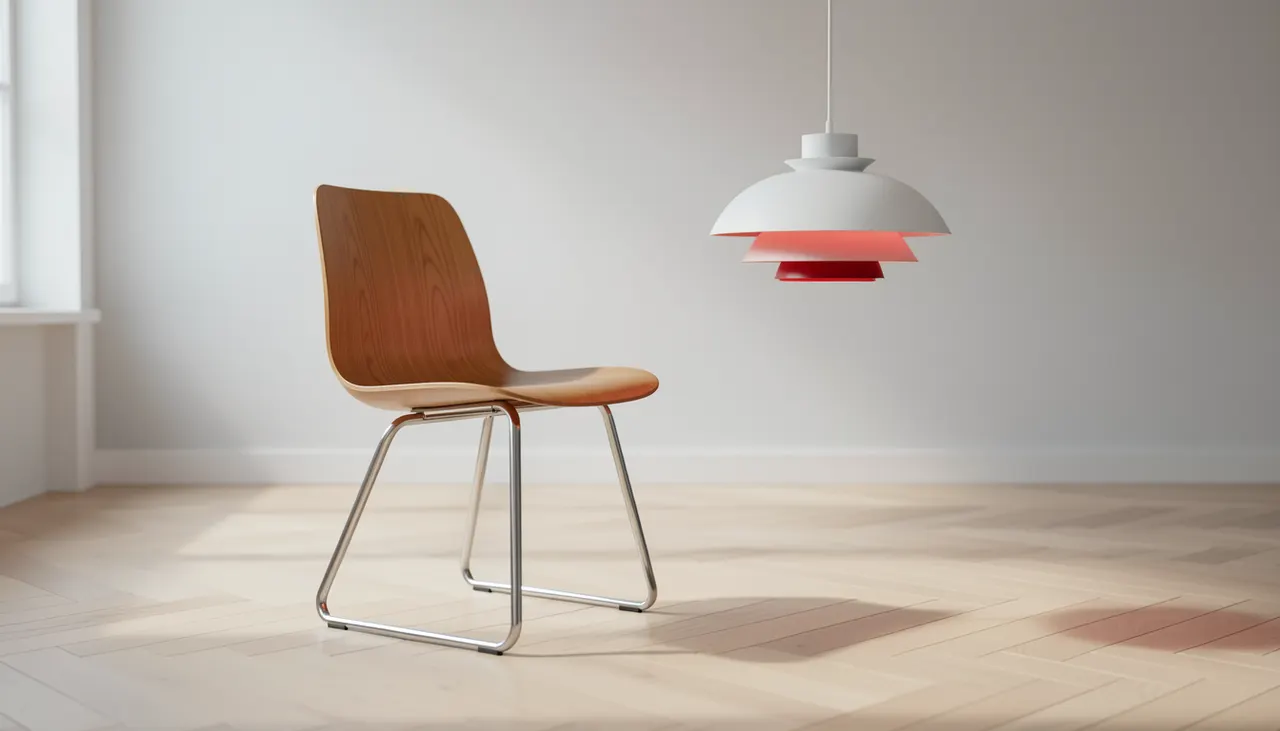Chaise Fourmi Arne Jacobsen et lampe PH5 Poul Henningsen sur parquet chêne clair