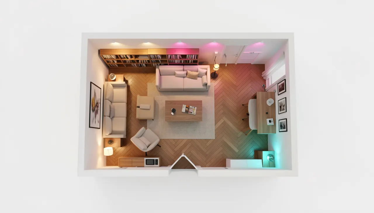 Schéma visuel des trois couches d'éclairage dans un salon : général, accentuation, fonctionnel