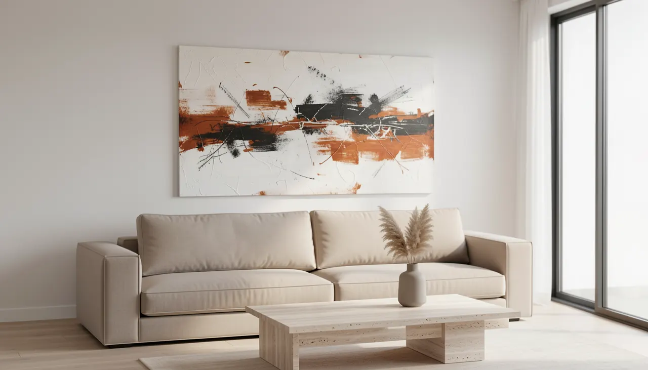 Salon contemporain avec grand tableau abstrait horizontal au-dessus d'un canapé modulable, lumière naturelle latérale