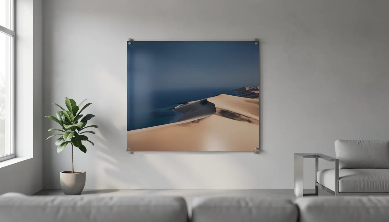 Grand panneau photo sur aluminium brossé accroché au mur d'un salon contemporain, lumière latérale