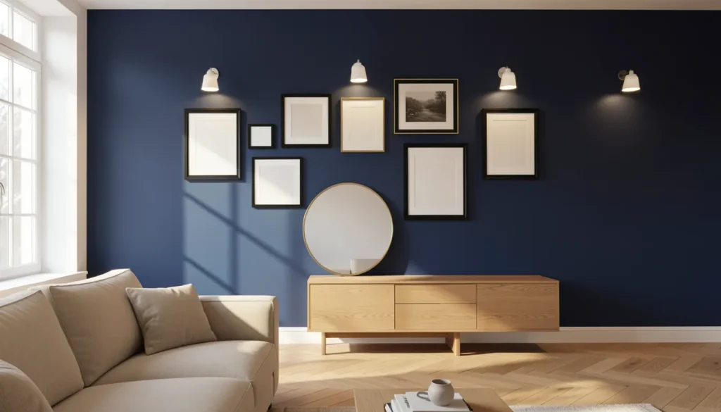 Salon contemporain avec mur d'accent bleu nuit, composition de cadres noirs et dorés, miroir rond sur console en chêne, éclairage orienté sur les œuvres
