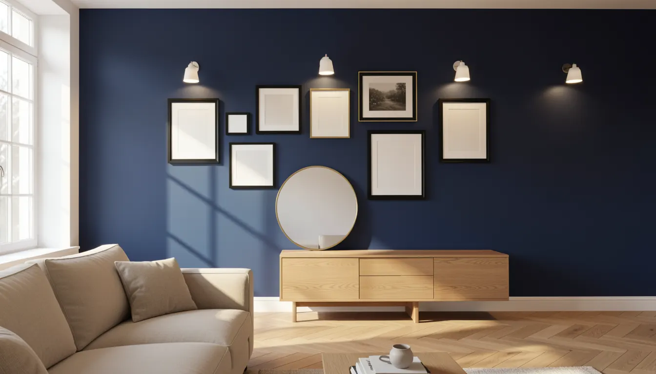 Salon contemporain avec mur d'accent bleu nuit, composition de cadres noirs et dorés, miroir rond sur console en chêne, éclairage orienté sur les œuvres