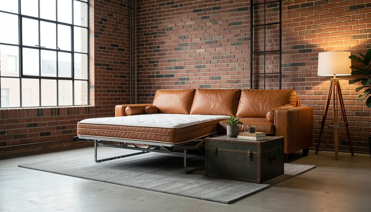Salon style industriel avec canapé convertible cuir cognac ouvert, mur brique, lumière zénithale
