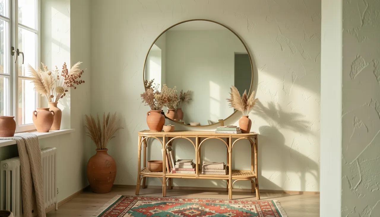 Miroir rond doré entrée bohème chic tapis berbère console bois