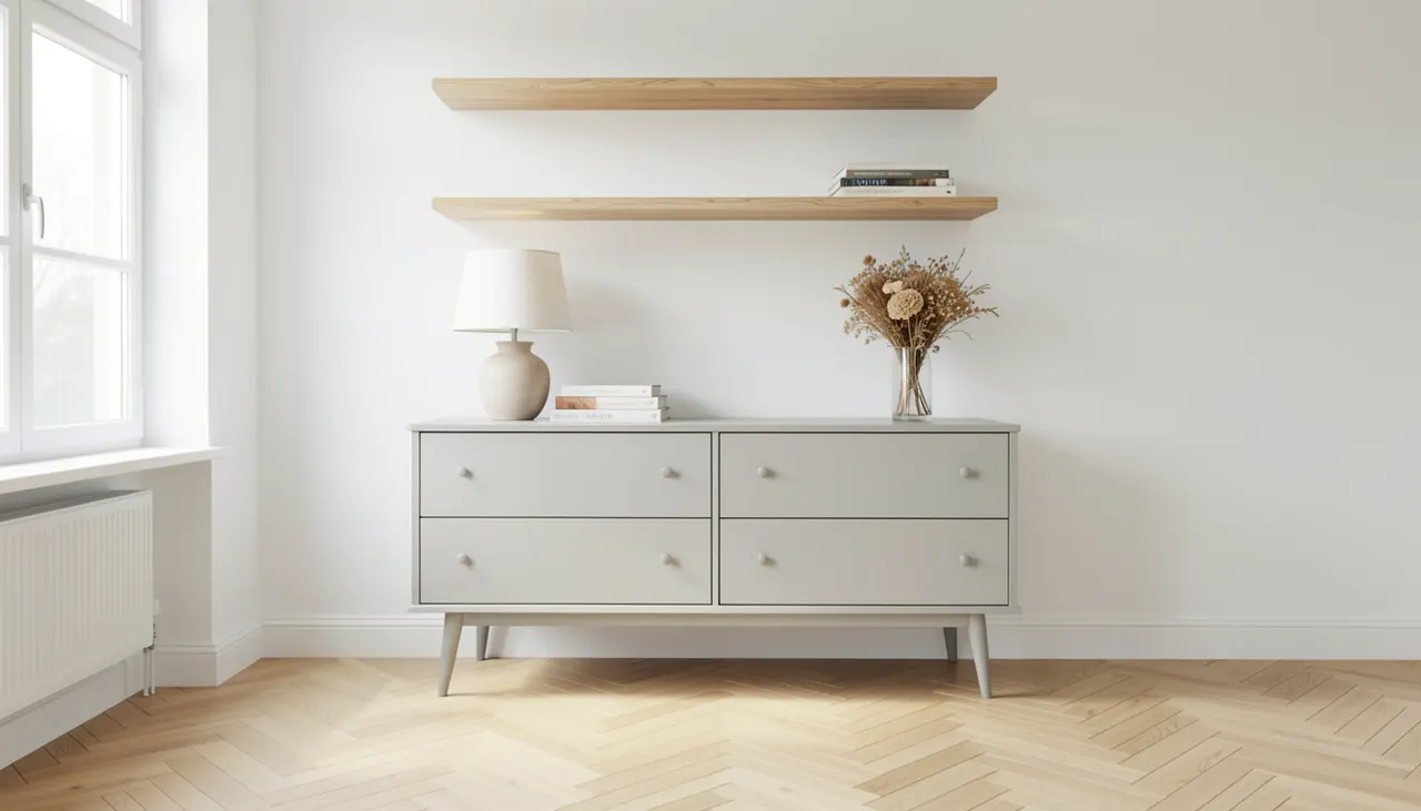 Salon scandinave avec commode upcyclée grise et étagères en bois clair