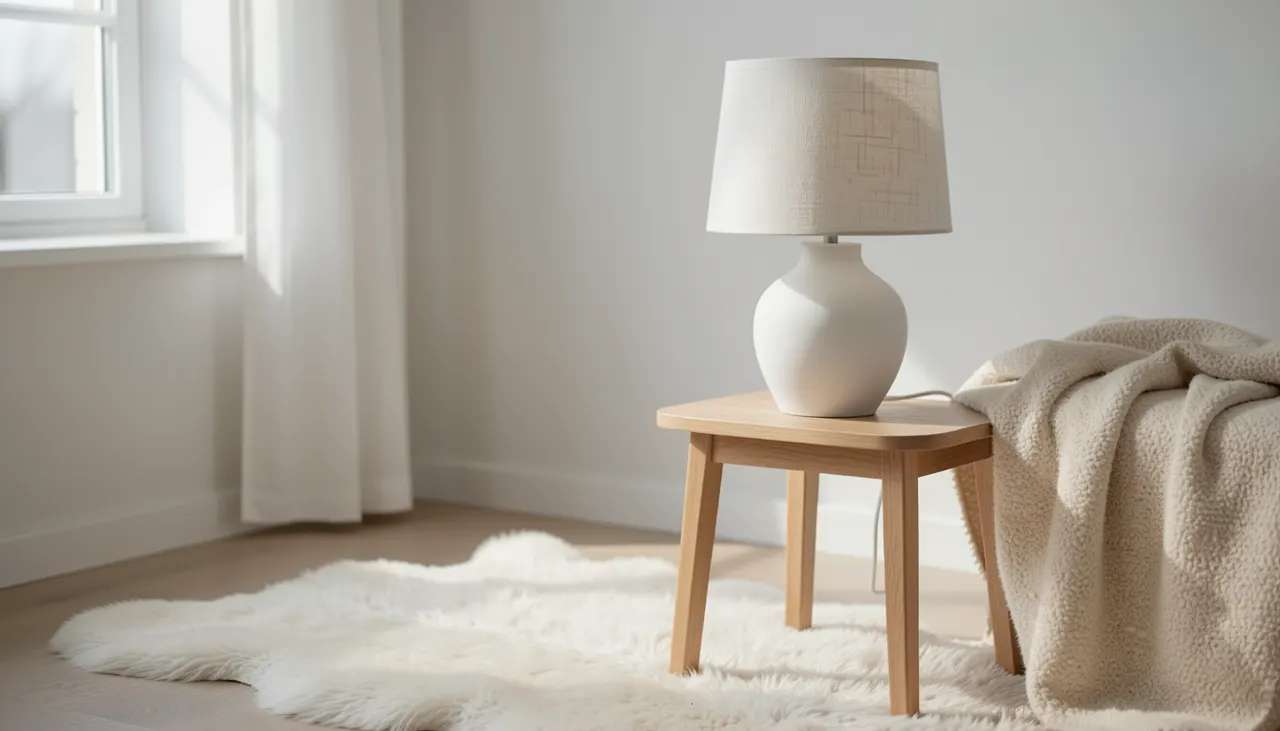 Détail lampe céramique blanche abat-jour lin sur table chêne clair salon scandinave