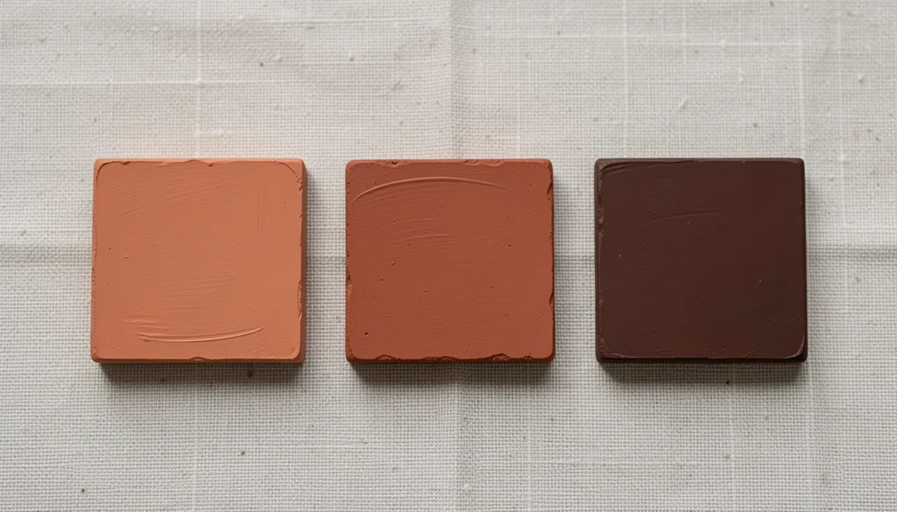 Nuancier terracotta : trois échantillons argile, brique, tuile sur fond neutre