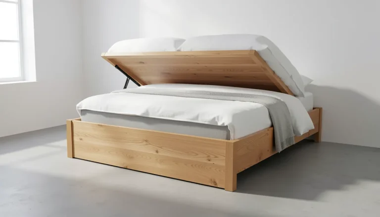 Lit coffre en bois massif chêne clair dans une chambre épurée, sommier relevé montrant le volume de rangement