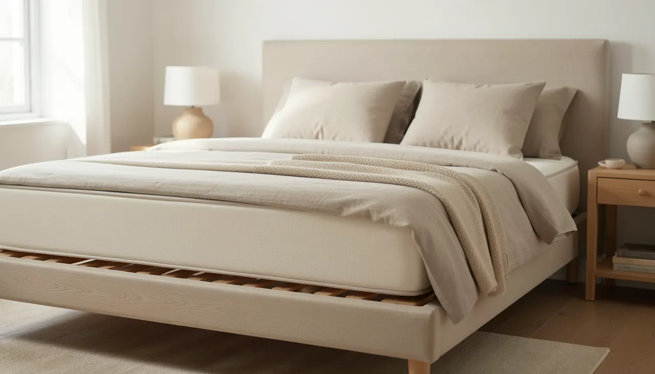 Lit king size 180x200 cm avec sommier lattes, matelas latex, linge lin lavé, tête de lit tissu
