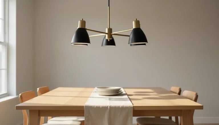 Lustre moderne design suspendu au-dessus d'une table de salle à manger en bois clair