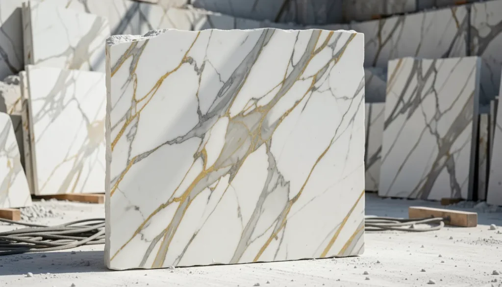 Dalle de marbre blanc veiné gris extrait en carrière, lumière naturelle latérale révélant la translucidité de la pierre