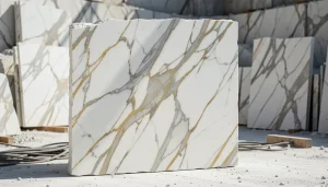 Dalle de marbre blanc veiné gris extrait en carrière, lumière naturelle latérale révélant la translucidité de la pierre