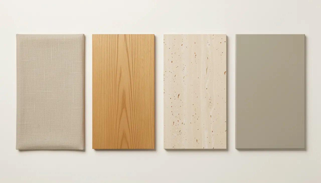Échantillons de matériaux minimalistes : lin beige, chêne huilé, travertin, céramique mate