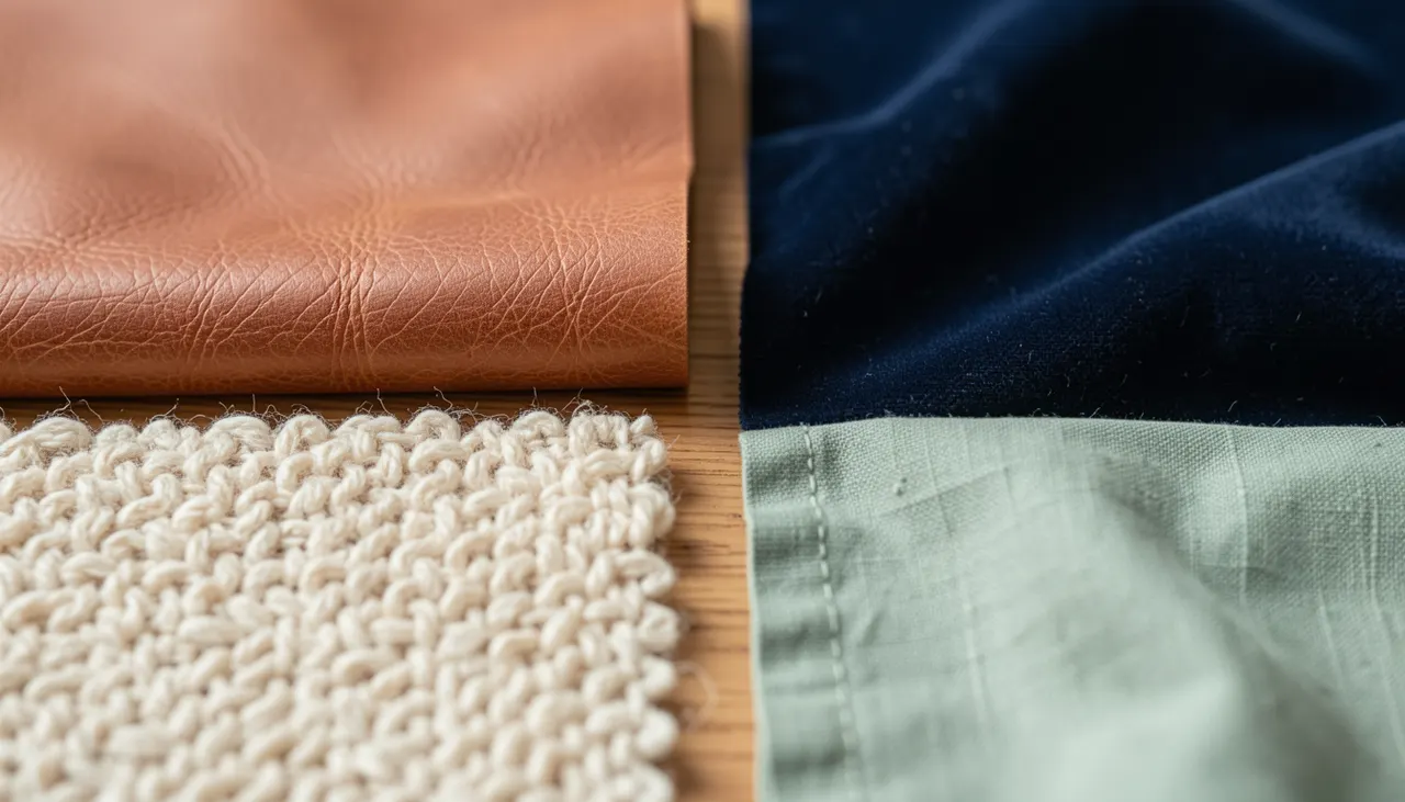 Échantillons de revêtements fauteuil : cuir cognac, velours bleu nuit, bouclette écru, lin vert sauge