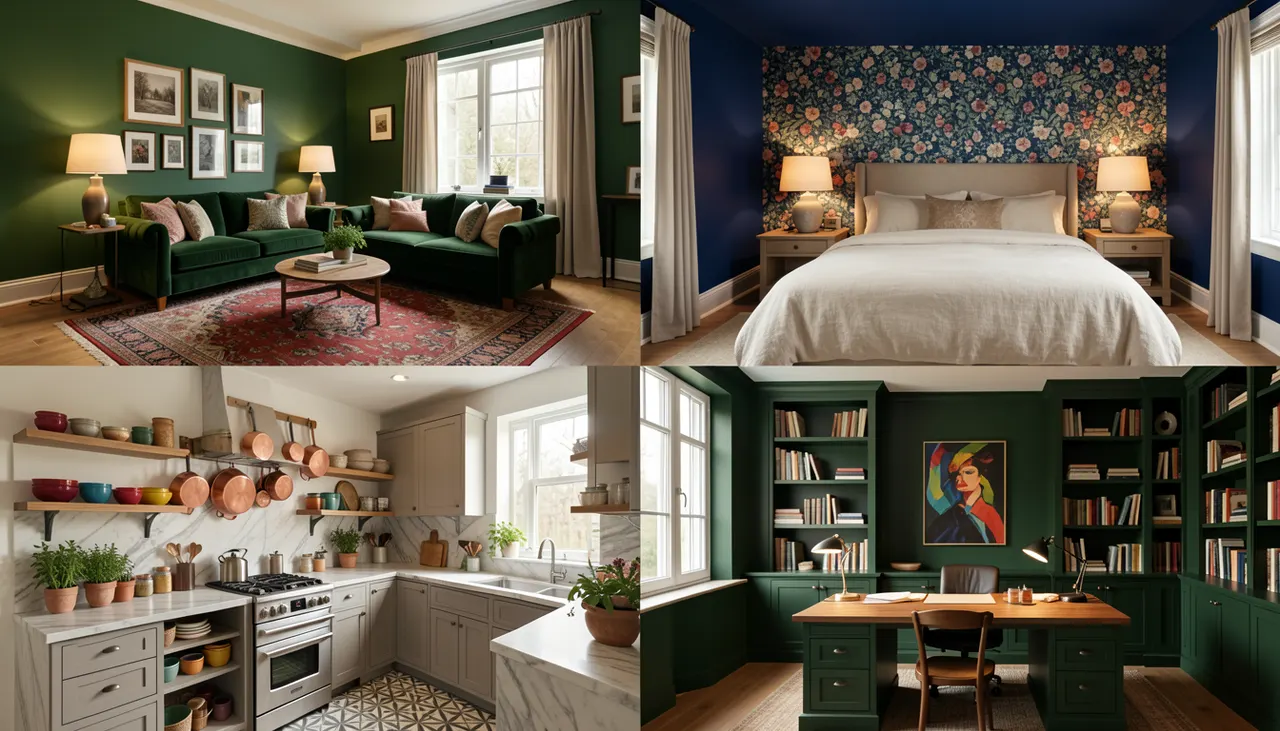 Quatre vignettes intérieurs maximalistes : salon chargé, chambre apaisée, cuisine fonctionnelle, bureau inspirant