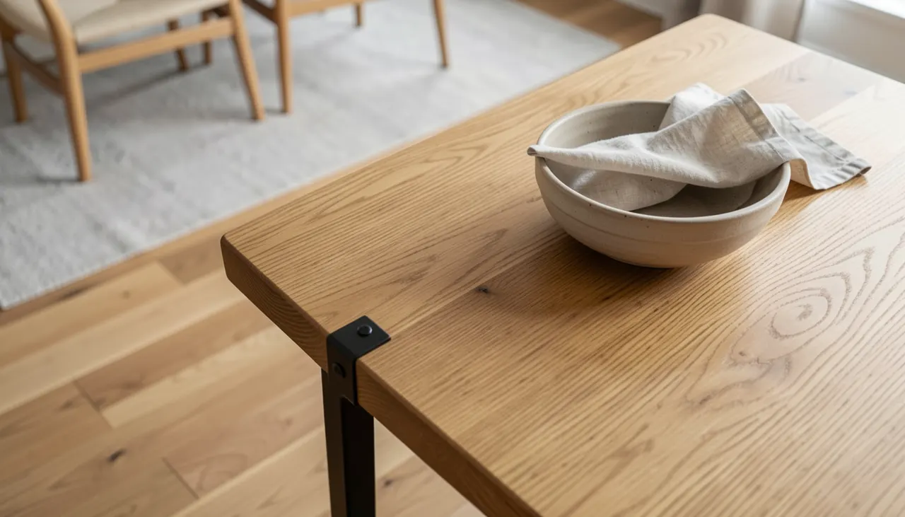 Détail parquet chêne huilé, table noyer, chaise frêne, tapis laine