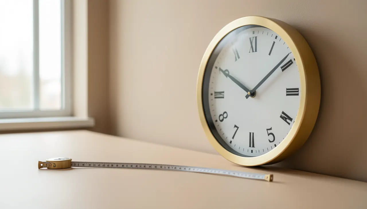 Ruban de mesure posé à côté d'une grande horloge murale
