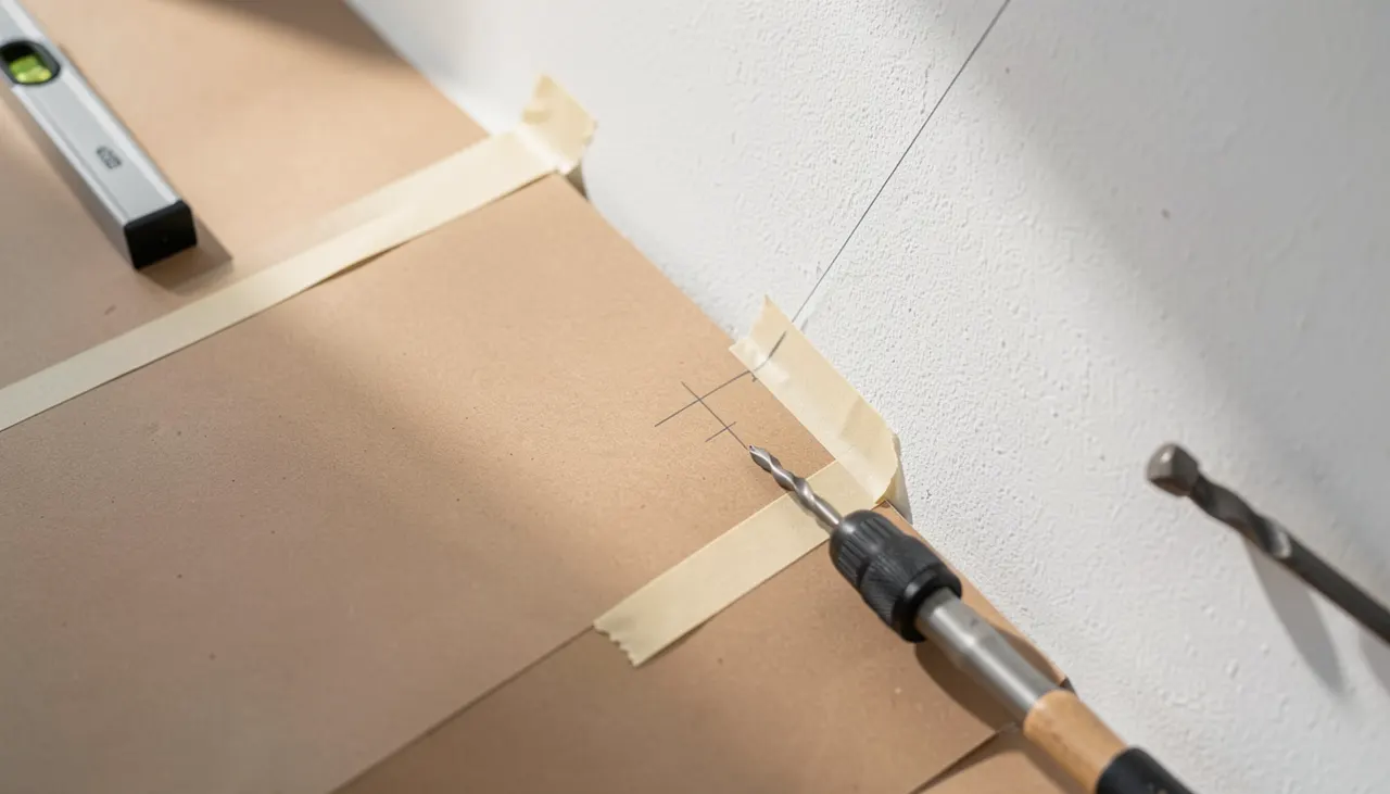 Gabarits en papier kraft collés au masking tape sur mur d'escalier pour valider composition