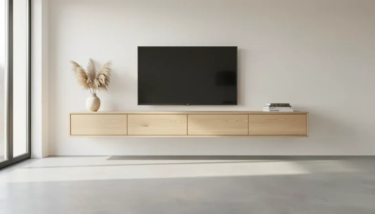 Salon contemporain avec meuble TV suspendu en chêne clair et écran plat, lumière naturelle traversante