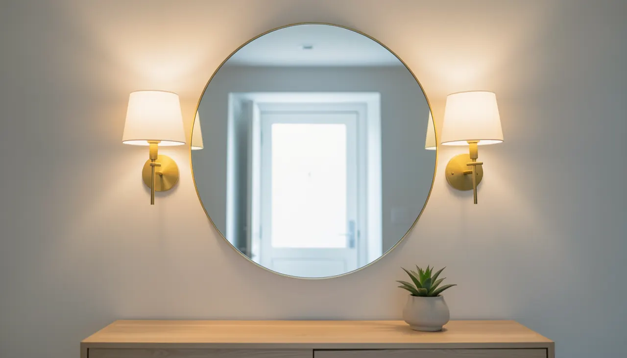 Miroir rond 60 cm au-dessus console chêne avec applique murale laiton allumée lumière chaude